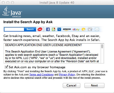 Java 8 Ask.com adware installation screen shot