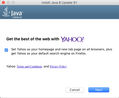 Java 8 Yahoo adware installation screen shot