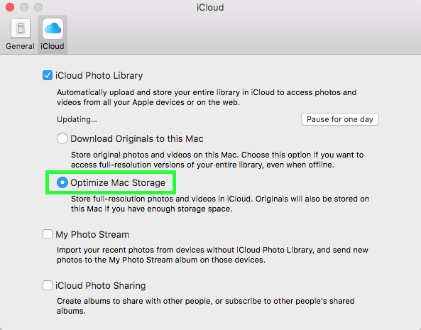 macOS Optimized Storage > Store in iCloud > Photos
