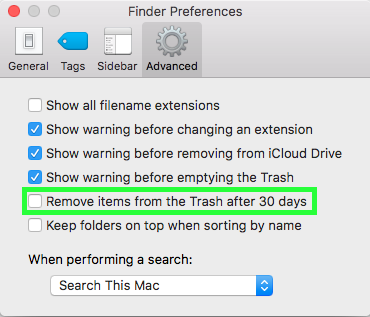 macOS Optimized Storage > Empty Trash Automatically preference in the Finder